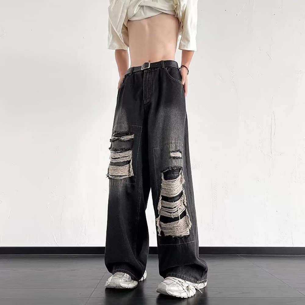 Mens Retro Distressed Patched Ripped Jeans - vanci.co