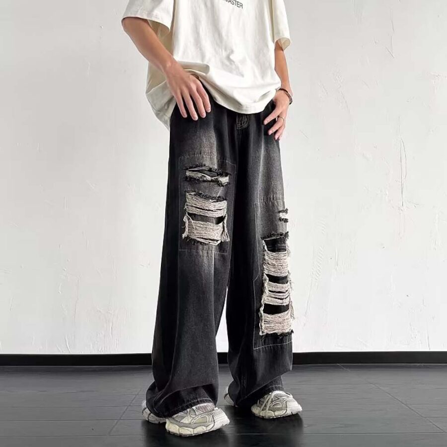 Mens Retro Distressed Patched Ripped Jeans - vanci.co
